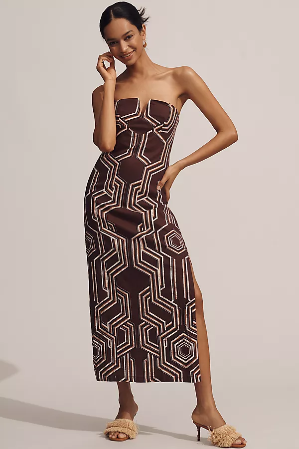 anthropologie By Anthropologie Strapless Linen Plunge-Neck Midi Dress Dark Brown