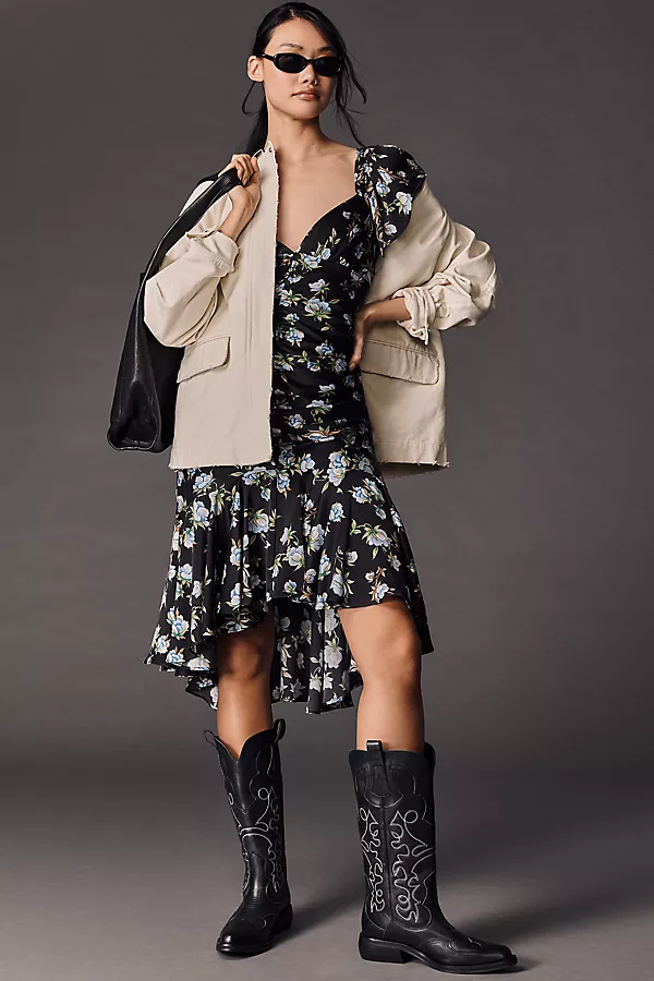 Anthropologie By Anthropologie Sweetheart Ruched Drop-Waist Dress Black Pattern