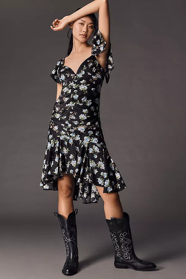 Anthropologie By Anthropologie Sweetheart Ruched Drop-Waist Dress Black Pattern