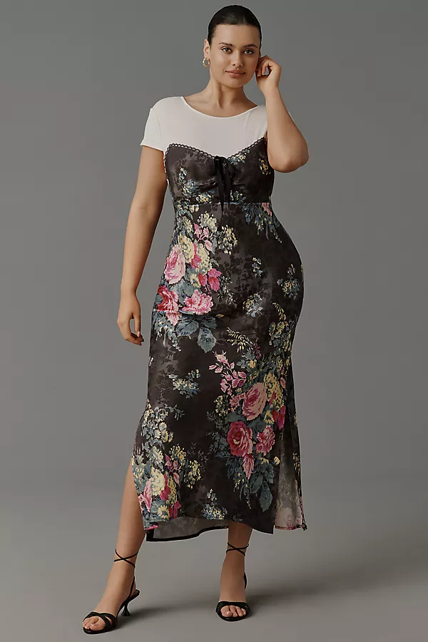 Anthropologie By Anthropologie Twofer Midi Slip Dress Black Pattern