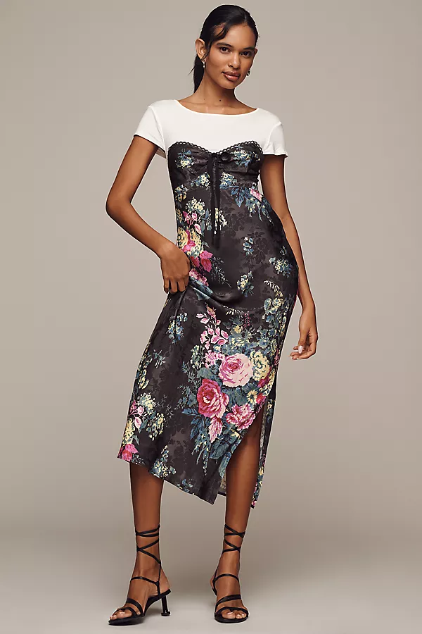 anthropologie By Anthropologie Twofer Midi Slip Dress Black Pattern