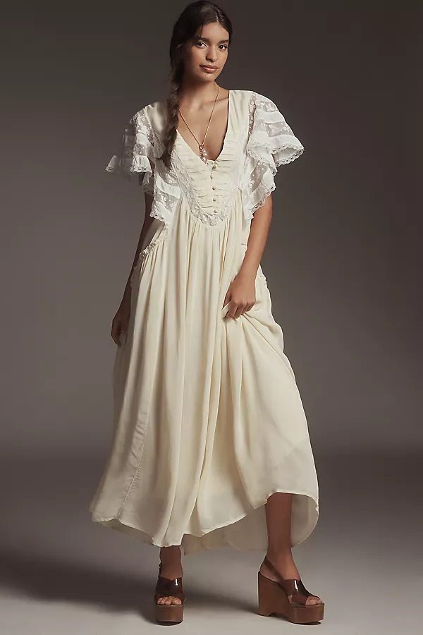 Anthropologie By Anthropologie V-Neck Flutter-Sleeve Midi Dress Yellow