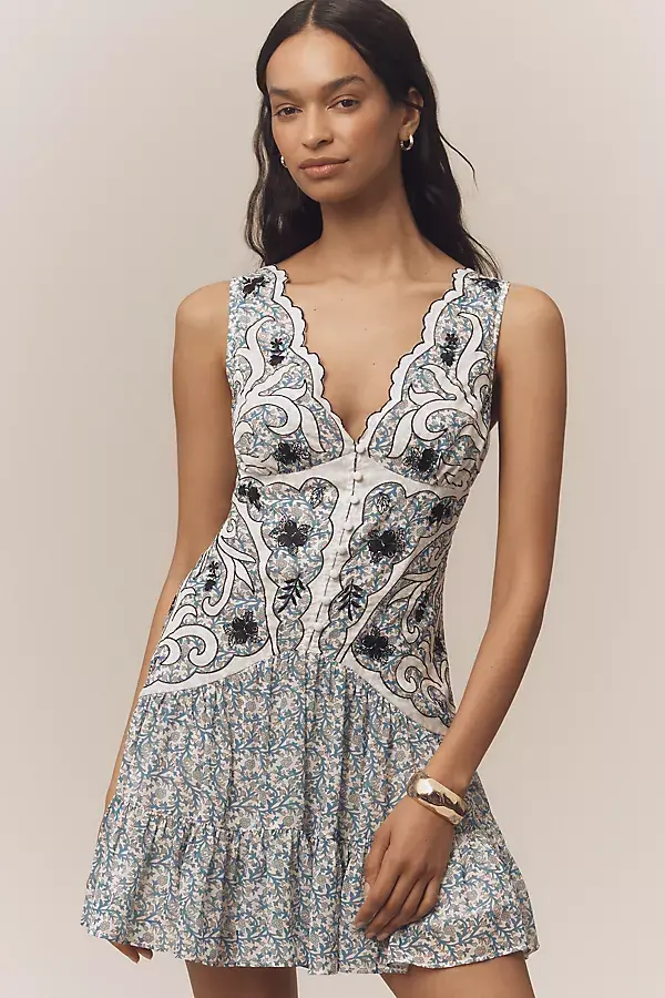 anthropologie By Anthropologie V-Neck Printed Mini Dress Blue/White Print anthropologie By Anthropologie V-Neck Printed Mini Dress Blue/White Print