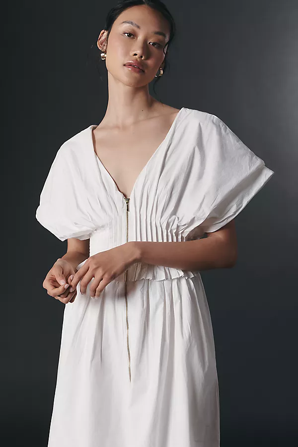 Anthropologie By Anthropologie V-Neck Zip-Front Midi Dress White