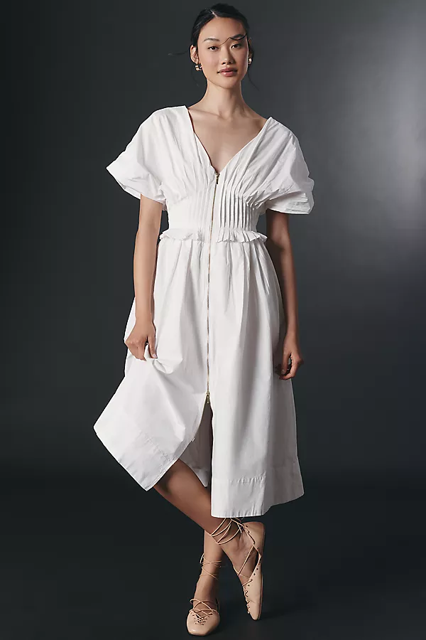 anthropologie By Anthropologie V-Neck Zip-Front Midi Dress White