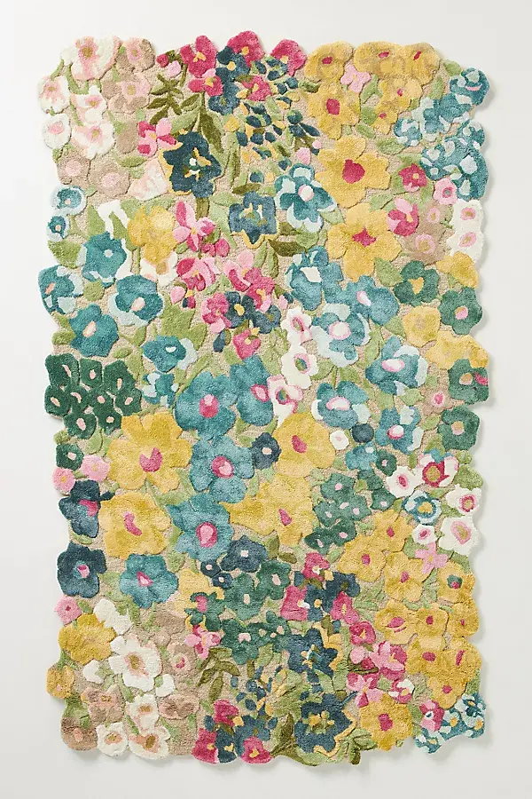 anthropologie Cassia Wool/Viscose Blend Tufted Floral-Shaped Rug Yellow