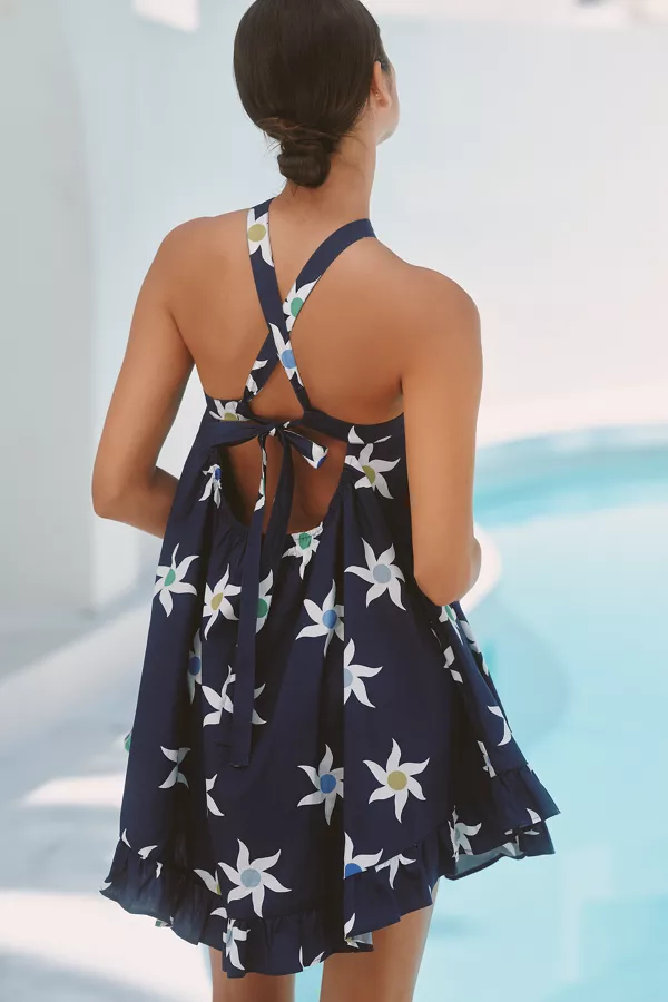 Anthropologie Celandine Halter Ruffle-Hem Babydoll Mini Dress Navy