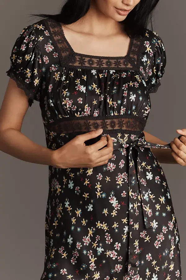 Anthropologie Conditions Apply Adeon Short-Sleeve Slip Midi Dress Black Pattern