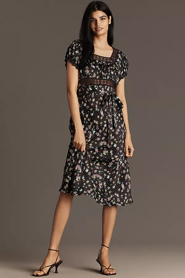 anthropologie Conditions Apply Adeon Short-Sleeve Slip Midi Dress Black Pattern