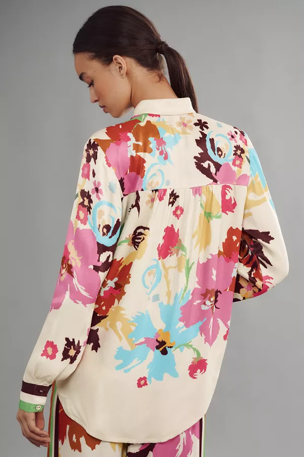 Anthropologie Conditions Apply Blooming Long-Sleeve Collared Blouse Ivory