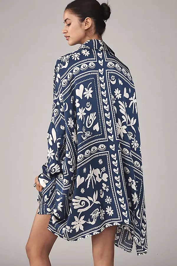 Anthropologie Corey Lynn Calter Long-Sleeve Printed Mini Shirt Dress Blue Pattern