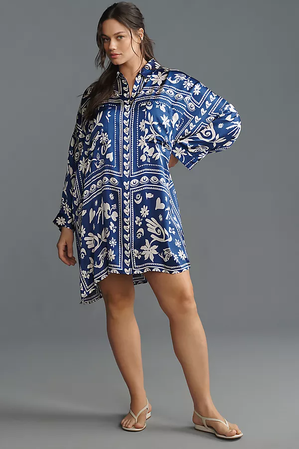 Anthropologie Corey Lynn Calter Long-Sleeve Printed Mini Shirt Dress Blue Pattern