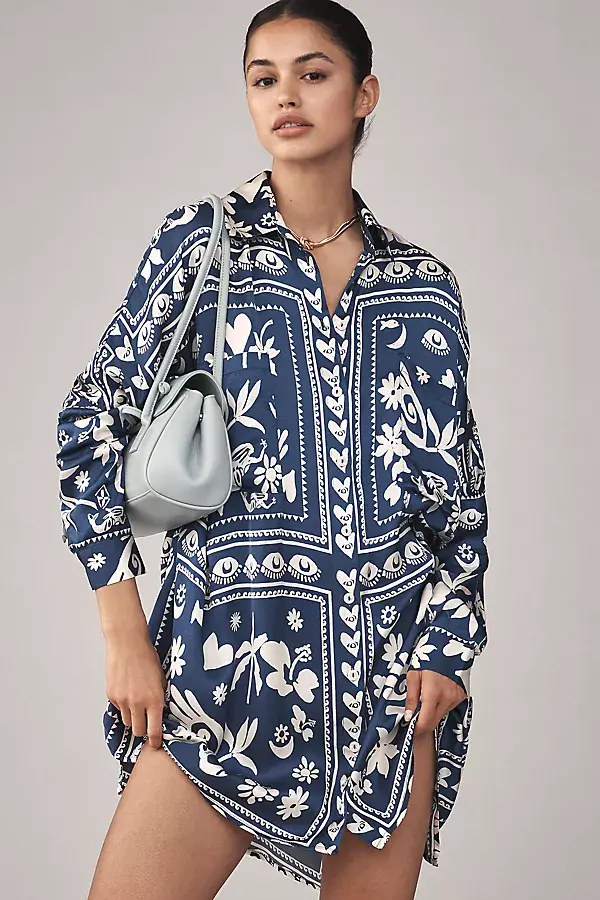 anthropologie Corey Lynn Calter Long-Sleeve Printed Mini Shirt Dress Blue Pattern