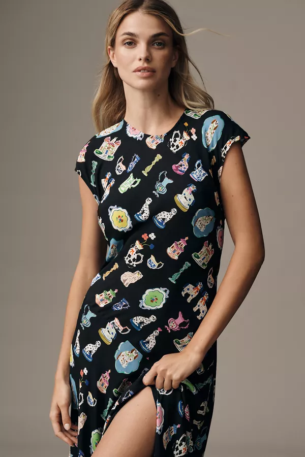 Anthropologie Corey Lynn Calter Short-Sleeve Printed Maxi Dress Black Pattern