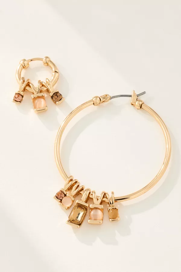 Anthropologie Crystal Charm Hoop Earrings Set Of 2 Brown