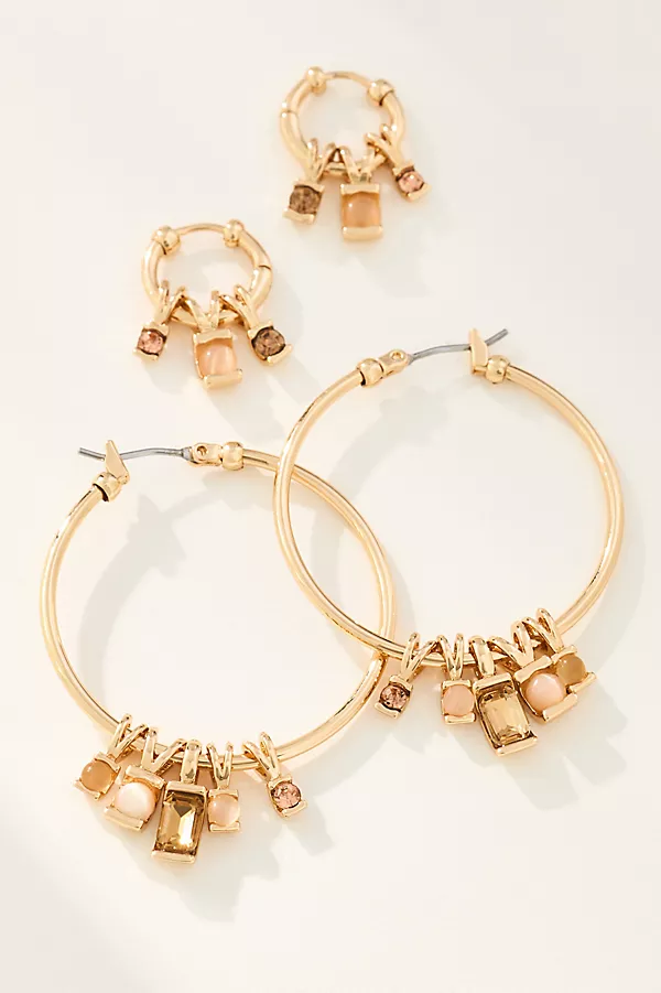 anthropologie Crystal Charm Hoop Earrings Set of 2 Brown