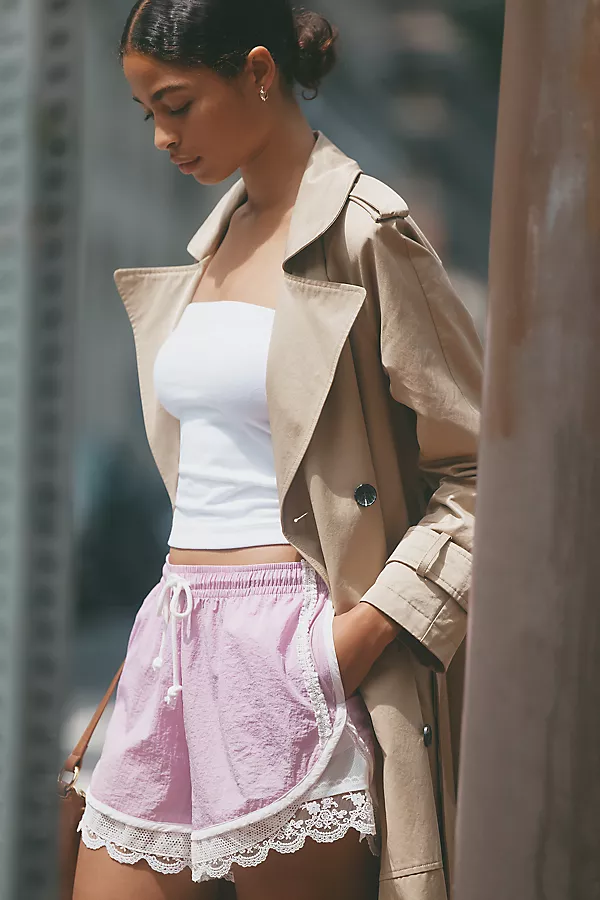 Anthropologie Daily Practice Long Jump Lace-Trim Drawstring Shorts Lilac Sky