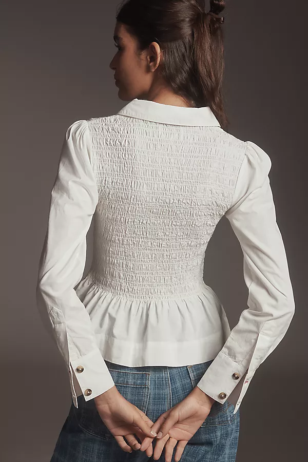 Anthropologie Damson Madder Hazel Shirred Long-Sleeve Blouse White