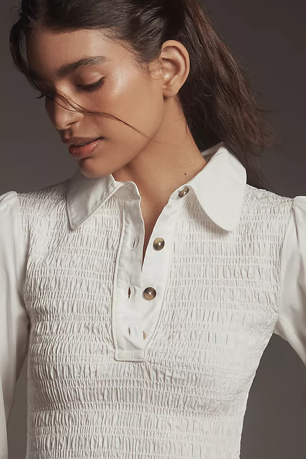 Anthropologie Damson Madder Hazel Shirred Long-Sleeve Blouse White