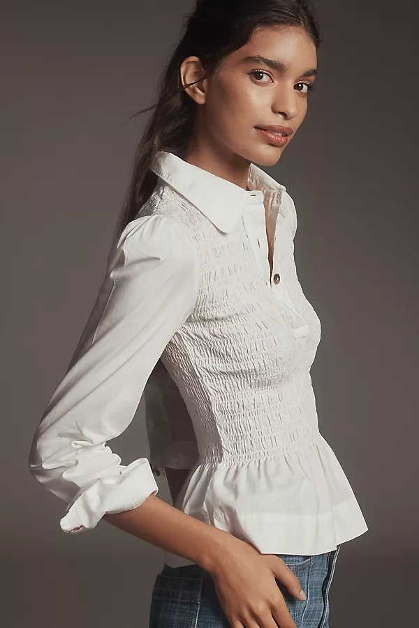 Anthropologie Damson Madder Hazel Shirred Long-Sleeve Blouse White