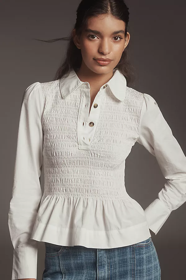 anthropologie Damson Madder Hazel Shirred Long-Sleeve Blouse White anthropologie Damson Madder Hazel Shirred Long-Sleeve Blouse White