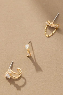 Anthropologie Delicate Crystal Post Earrings Set Of 3 Gold