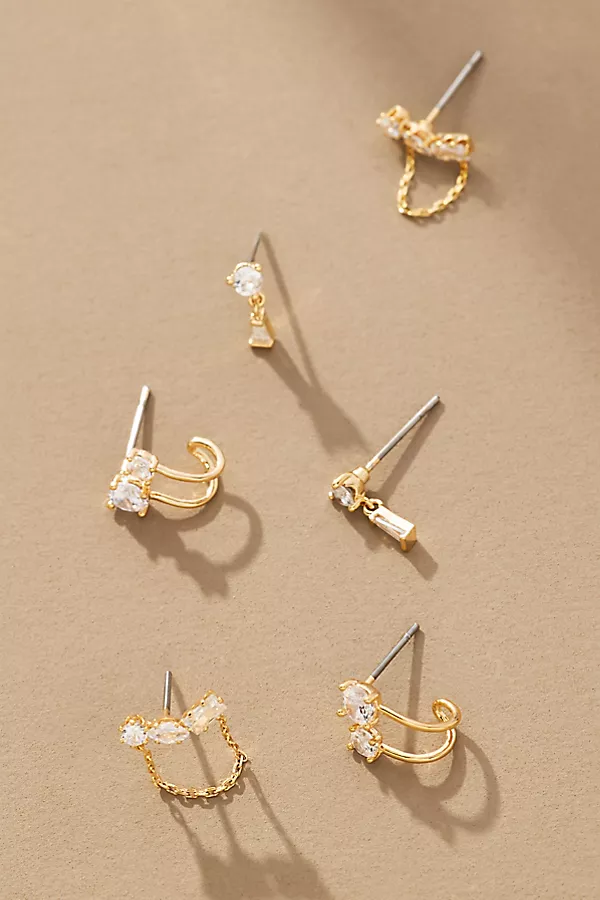anthropologie Delicate Crystal Post Earrings Set of 3 Gold