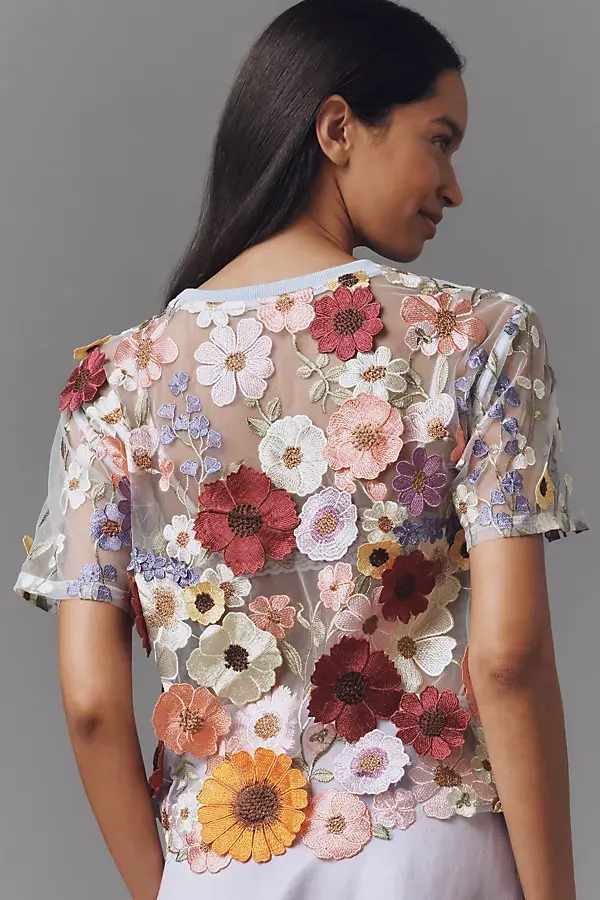 Anthropologie Dolan Left Coast Flower Appliqué Sheer Tee Blue Multi Floral