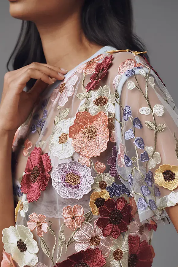 Anthropologie Dolan Left Coast Flower Appliqué Sheer Tee Blue Multi Floral