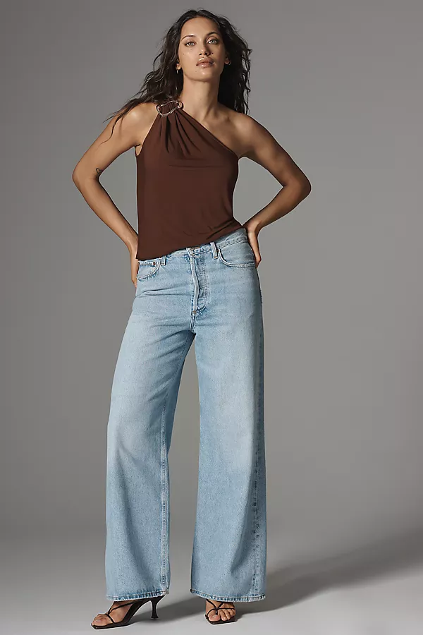 Anthropologie Dolan Left Coast One-Shoulder Buckle Top Brown
