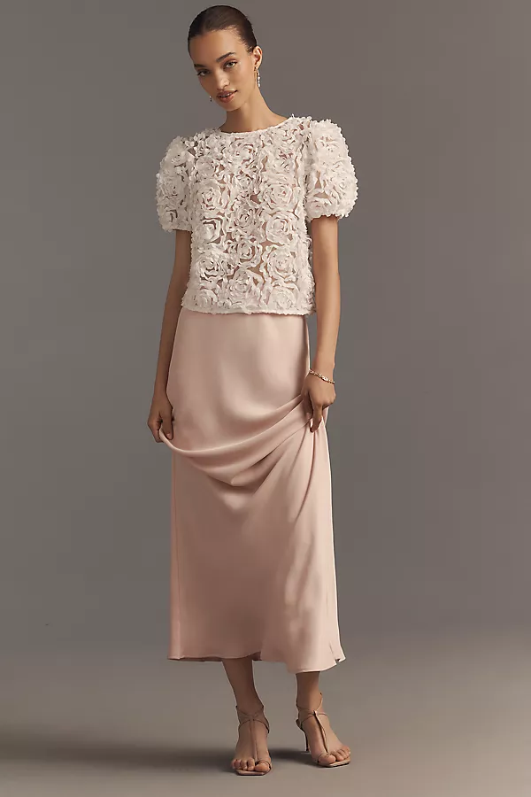 Anthropologie Dolan Left Coast Puff-Sleeve 3D Floral Top Vanilla