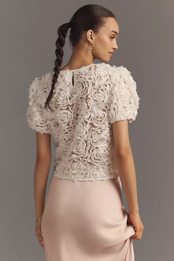 Anthropologie Dolan Left Coast Puff-Sleeve 3D Floral Top Vanilla