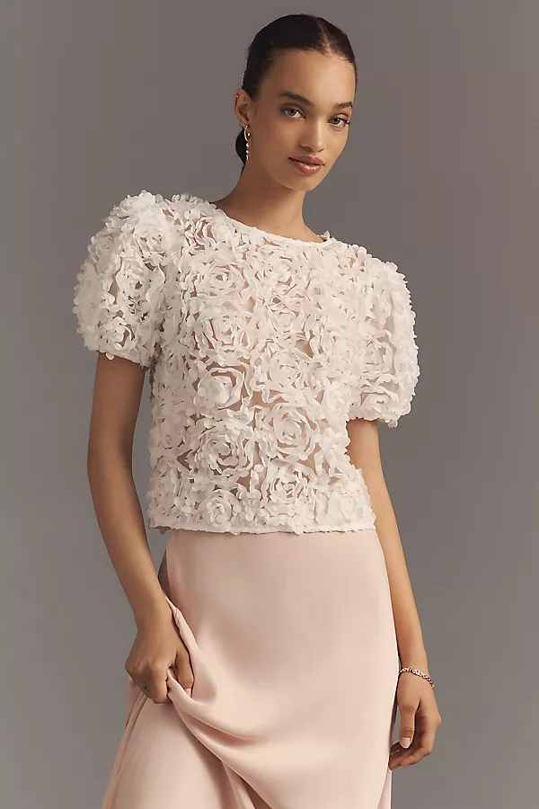 anthropologie Dolan Left Coast Puff-Sleeve 3D Floral Top Vanilla