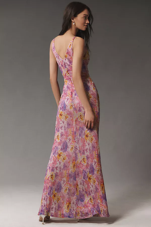 Anthropologie Dress The Population Jordan V-Neck Ruched Fitted Maxi Dress DUSTY ROSE MULTI