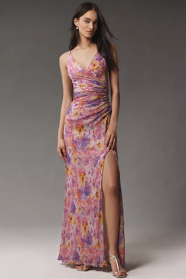 anthropologie Dress The Population Jordan V-Neck Ruched Fitted Maxi Dress DUSTY ROSE MULTI