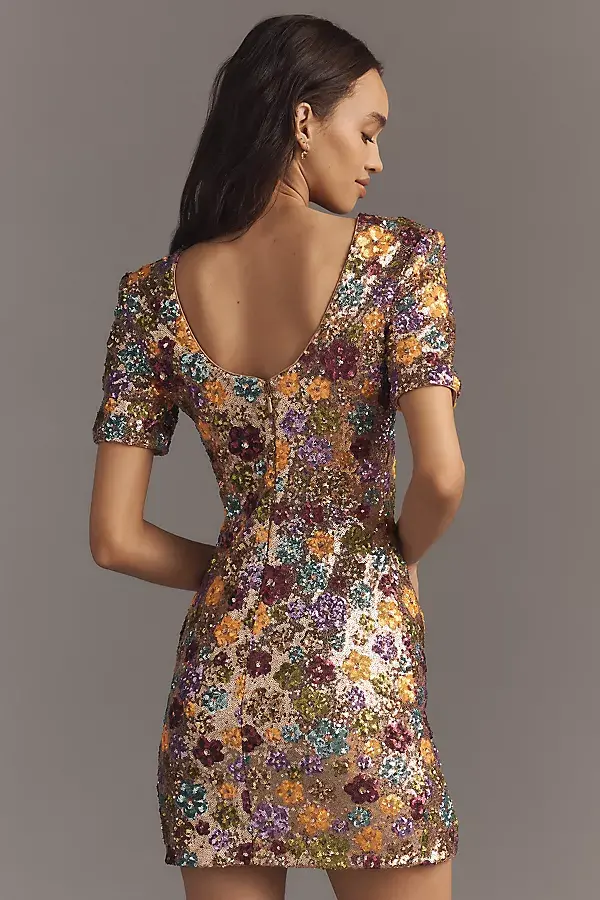 Anthropologie Dress The Population Maddox Short-Sleeve Sequin Mini Dress Gold