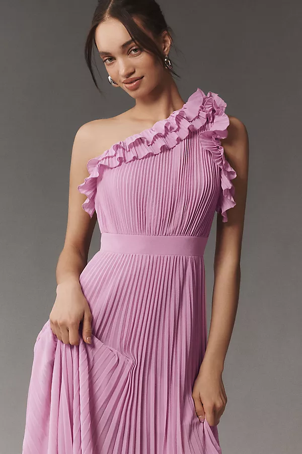 Anthropologie Dress The Population Vida One-Shoulder Pleated Chiffon Maxi Dress LAVENDER