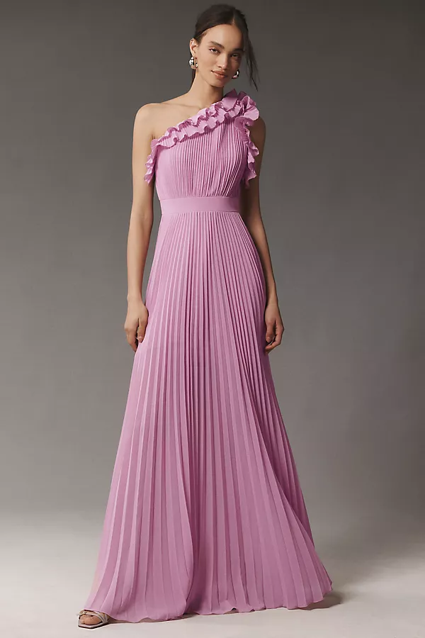 anthropologie Dress The Population Vida One-Shoulder Pleated Chiffon Maxi Dress LAVENDER