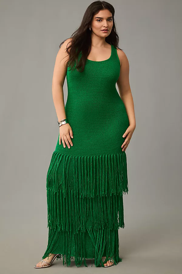 anthropologie Eloquii Plus Fringe Maxi Sweater Dress Green