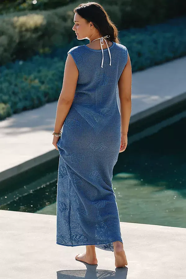 Anthropologie Eloquii Plus Sleeveless Shell-Embroidered Maxi Dress Blue