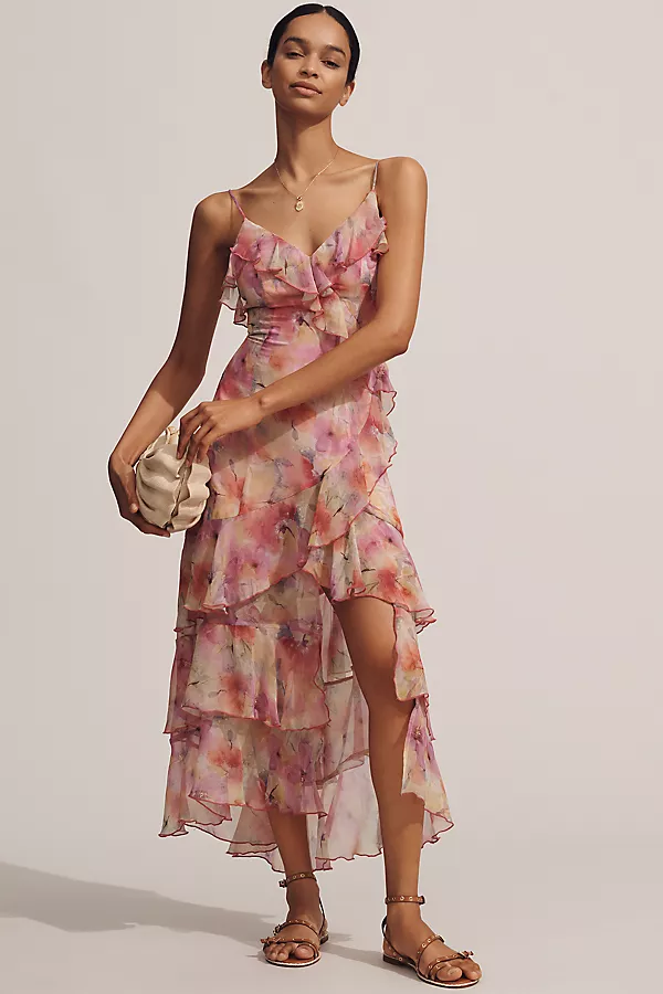 Anthropologie En Saison Amari Chiffon V-Neck Ruffle Midi Slip Dress Pink Yellow Multi