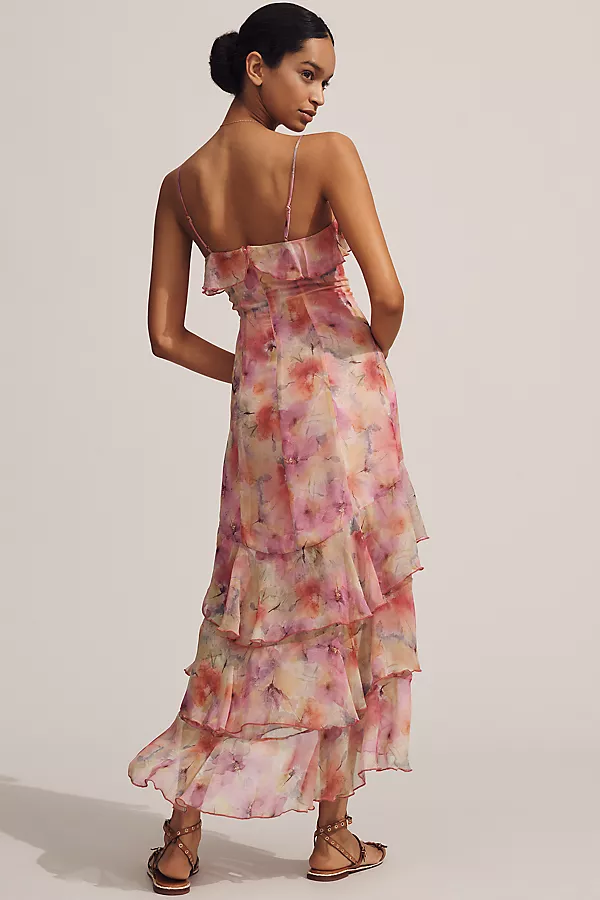 Anthropologie En Saison Amari Chiffon V-Neck Ruffle Midi Slip Dress Pink Yellow Multi