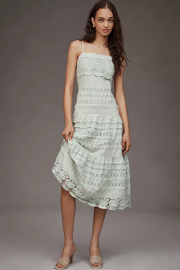 anthropologie Endless Rose Linen Blend Sleeveless Square-Neck A-Line Midi Dress Green