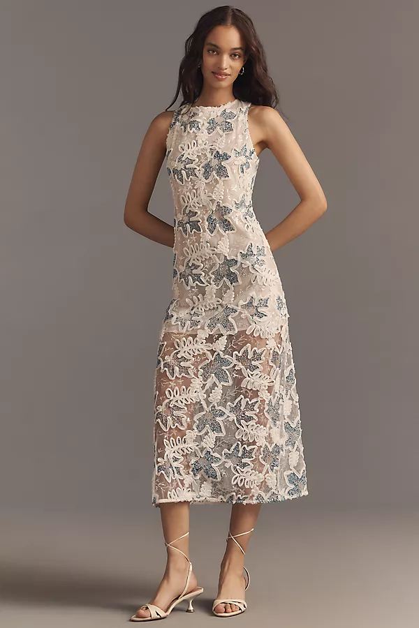 Anthropologie Endless Rose Sleeveless Appliqué Sheer Midi Dress Neutral Pattern