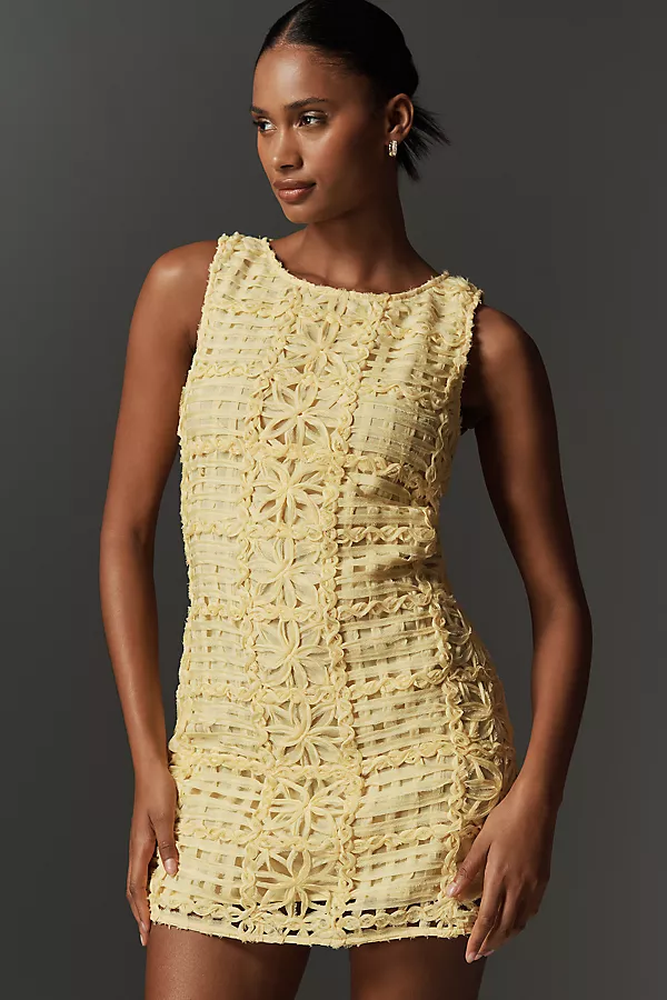 anthropologie Endless Rose Sleeveless Lace Crew-Neck Mini Dress Yellow
