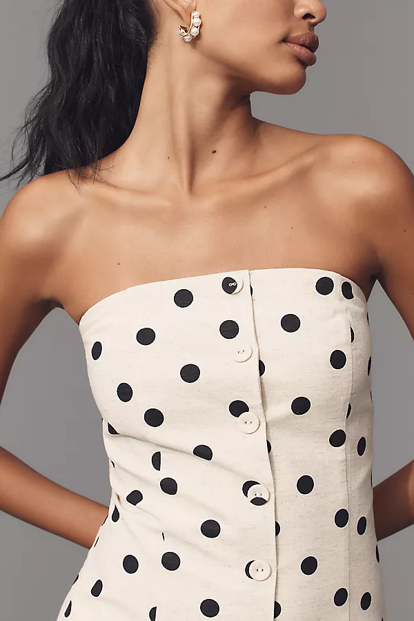 Anthropologie Endless Rose Strapless Button-Front Cotton Linen Mini Dress Neutral Pattern