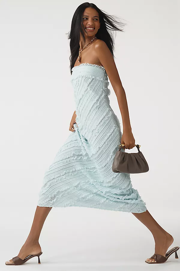 Anthropologie Endless Rose Strapless Textured Column Midi Dress Blue