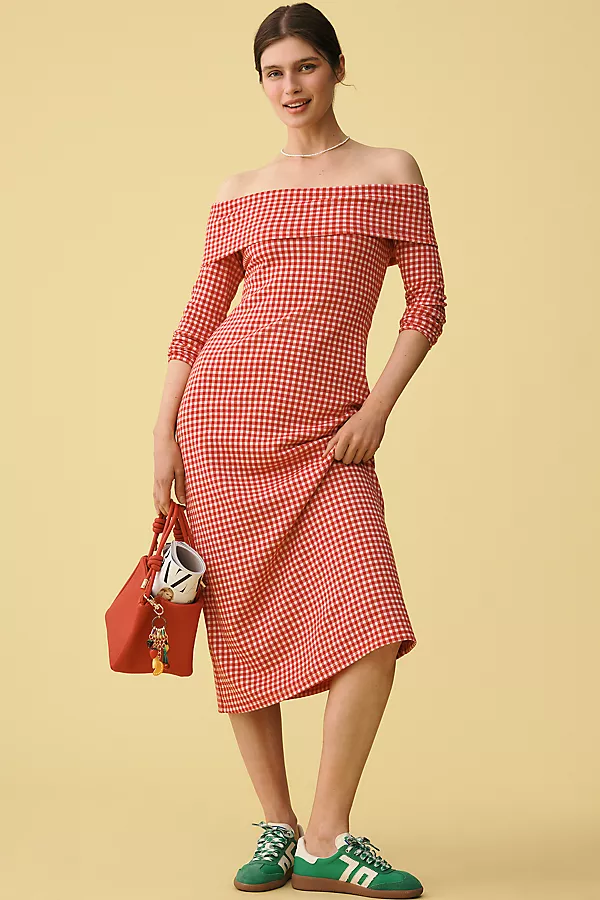 anthropologie English Factory Off-The-Shoulder Midi Dress Red