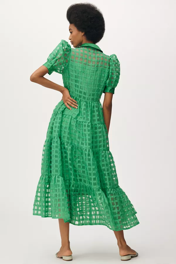 Anthropologie English Factory Organza Short-Sleeve Button-Front Midi Dress Green