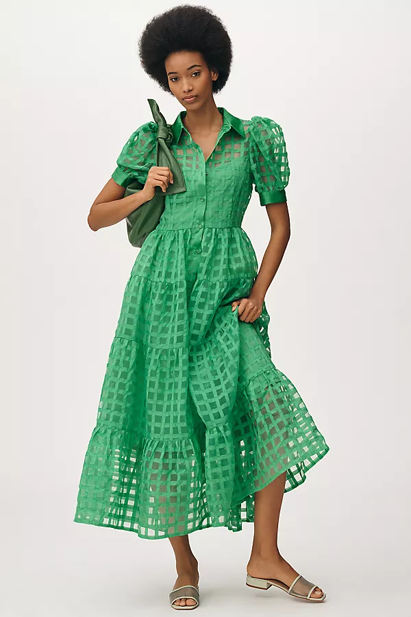 anthropologie English Factory Organza Short-Sleeve Button-Front Midi Dress Green
